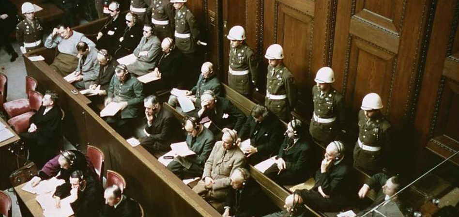 Nazi defendants at the International Military Tribunal in November 1945. Photo Courtesy of: National Archives and Records Administration.