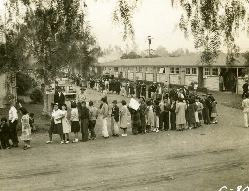 Incarcerated Japanese Americans at Santa Anita Assembly Center. 1942. Courtesy of the National Archives and Records Administration and the Saul Collection.
