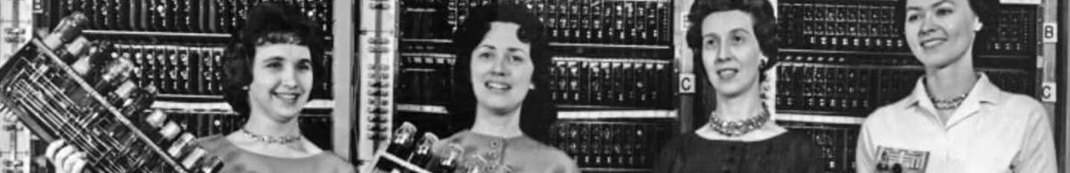 “U.S. Army Photo,” number 163-12-62. From left: Patsy Simmers (mathematician/programmer) holding an ENIAC board; Mrs. Gail Taylor holding an EDVAC board; Mrs. Milly Beck holding an ORDVAC board; Mrs. Norma Stec (mathematician/programmer) holding a BRLESC-I board.